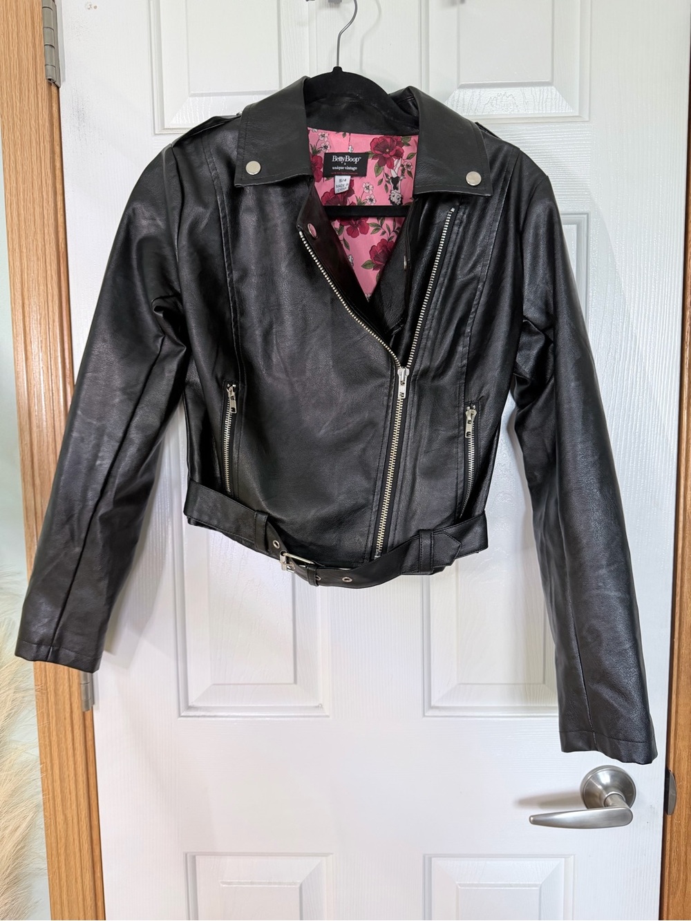 Unique Vintage Black Leather Moto Jacket with Pink Floral Lining
